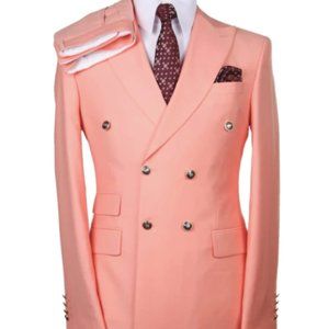 Men's coral pink 2pcs double breasted suit.